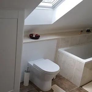 a bathroom with a skylight above the bathtub